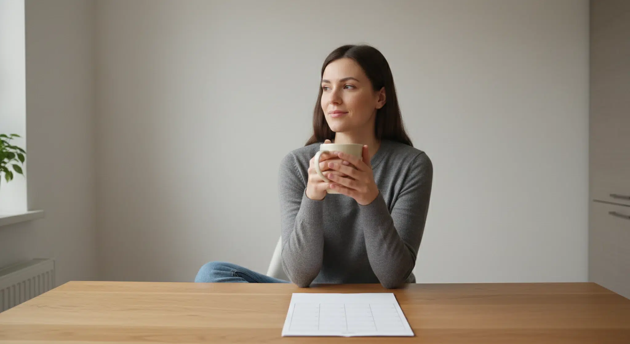 Woman sitting at a kitchen table holding a mug beside a blank paper calendar in soft morning light