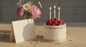 A small white two-layer cake with fresh berries and lit candles beside a blank cream card and a jar of flowers