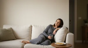 Woman resting on a sofa with a glass of water and a plate of crackers in soft afternoon light