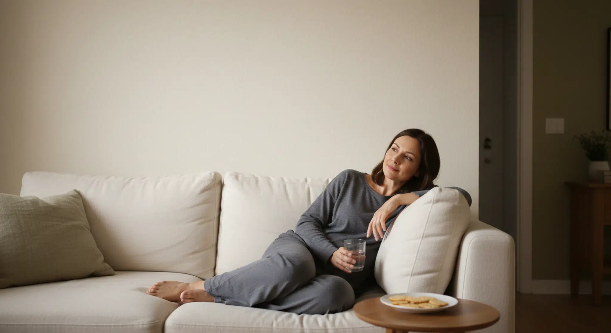 Woman resting on a sofa with a glass of water and a plate of crackers in soft afternoon light