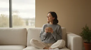 Woman in a soft gray sweater sitting on a sofa by a window holding a mug of tea in calm daylight