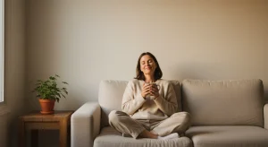Woman in early pregnancy resting on a sofa with a mug of tea in soft afternoon light