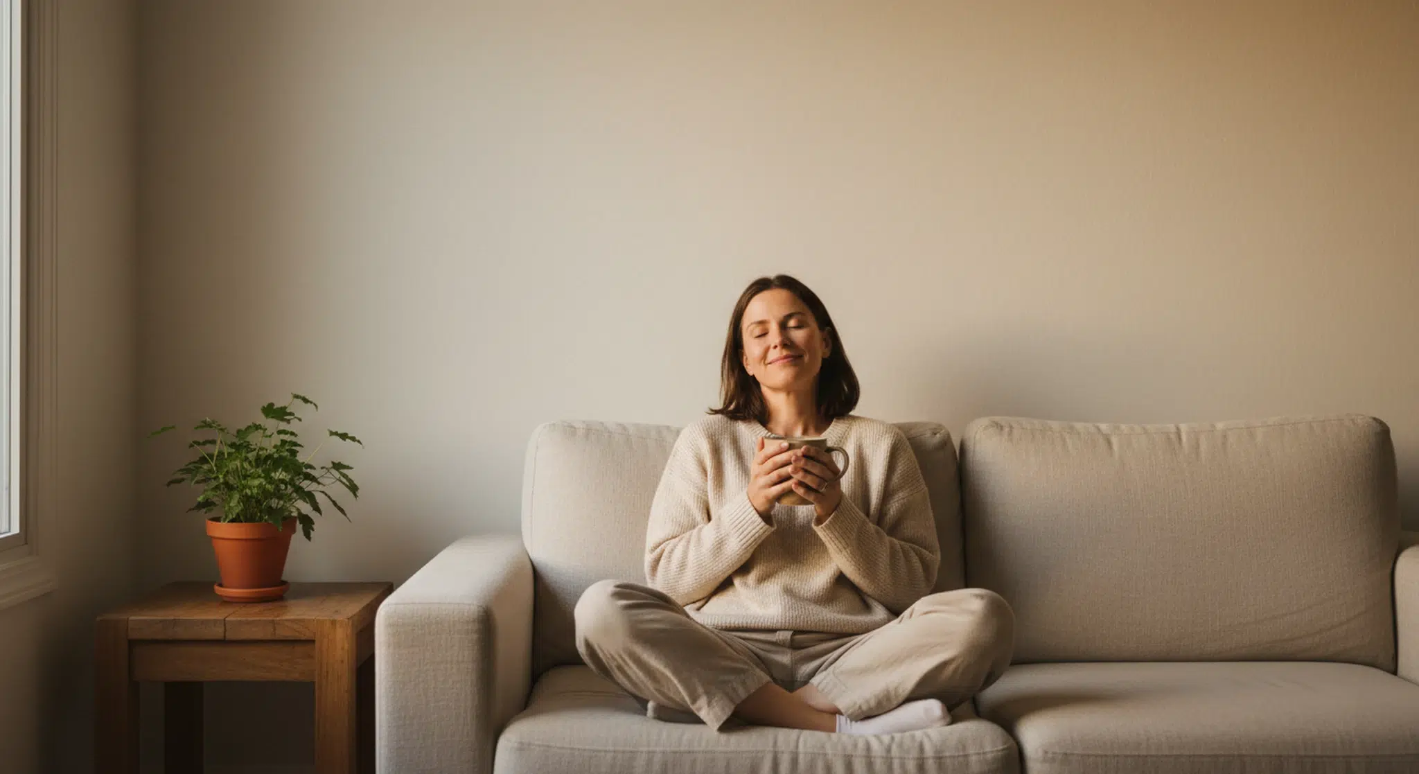 7 Weeks Pregnant Symptoms Baby Development and What to Expect | Betteroo Woman in early pregnancy resting on a sofa with a mug of tea in soft afternoon light