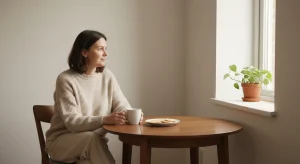 Woman in early pregnancy sitting at a kitchen table with a mug of tea and plain crackers in soft window light