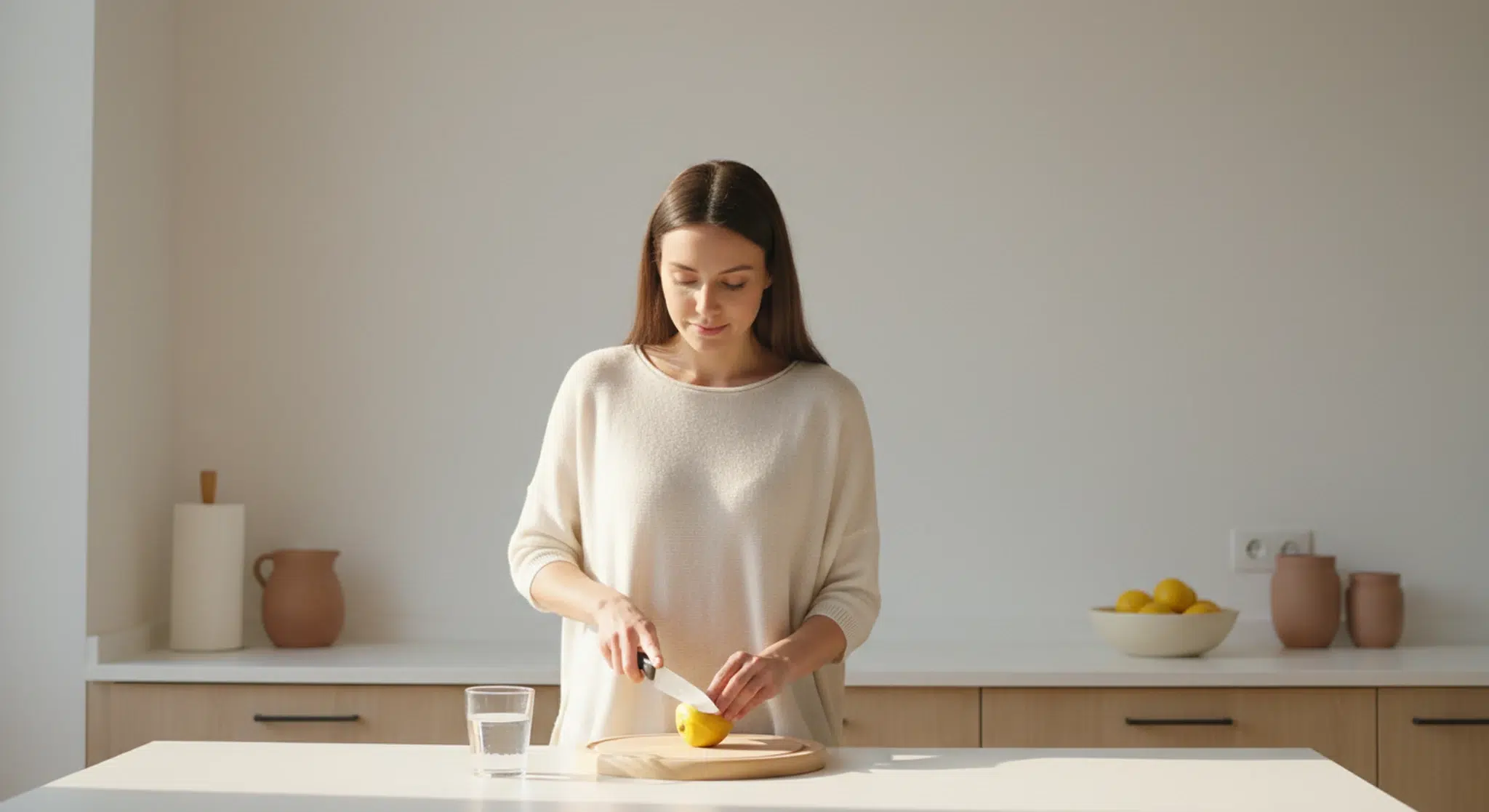Woman in a cream knit top slicing a lemon on a wooden board next to a glass of water in a bright kitchen