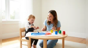 A toddler painting with a chunky brush on a big sheet of paper at a low table while mom kneels beside them