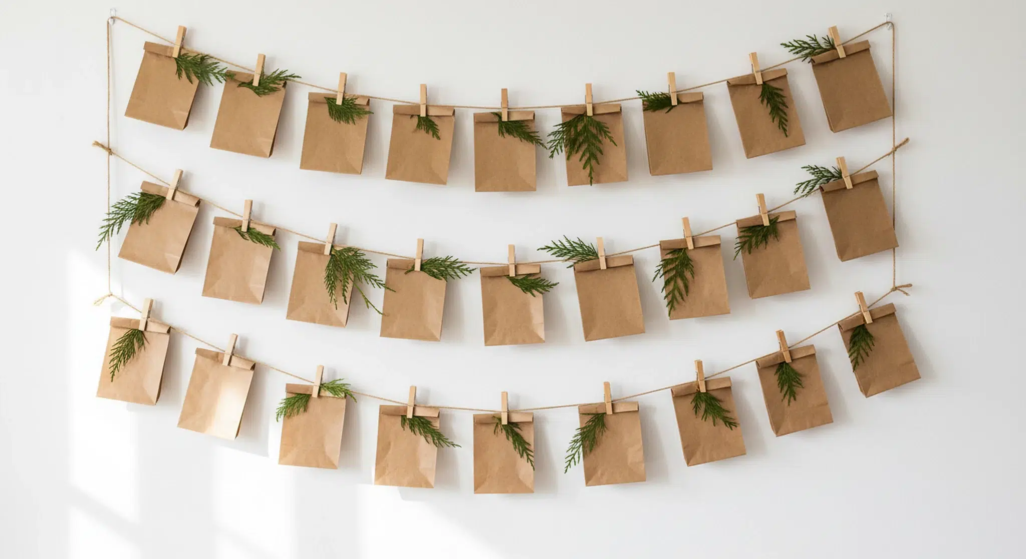 String garland of small brown paper bags clipped with wooden clothespins, interspersed with green evergreen sprigs against a white wall.