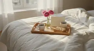 A breakfast tray on a made bed with two white mugs of coffee, pink ranunculus in a glass vase, a blank cream card and a small kraft-paper gift