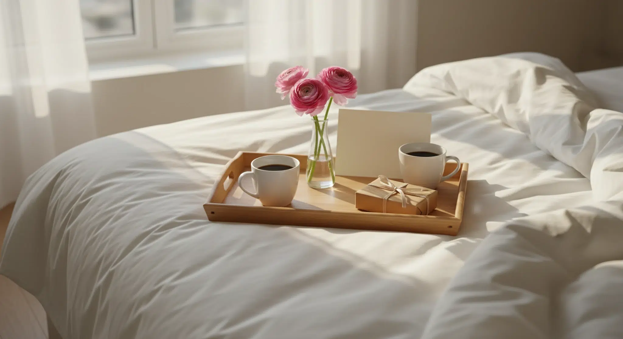 A breakfast tray on a made bed with two white mugs of coffee, pink ranunculus in a glass vase, a blank cream card and a small kraft-paper gift