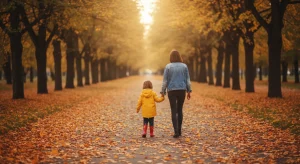 A young woman and a small child in a yellow raincoat and red boots walking hand in hand down a leaf-covered autumn park path, seen from behind