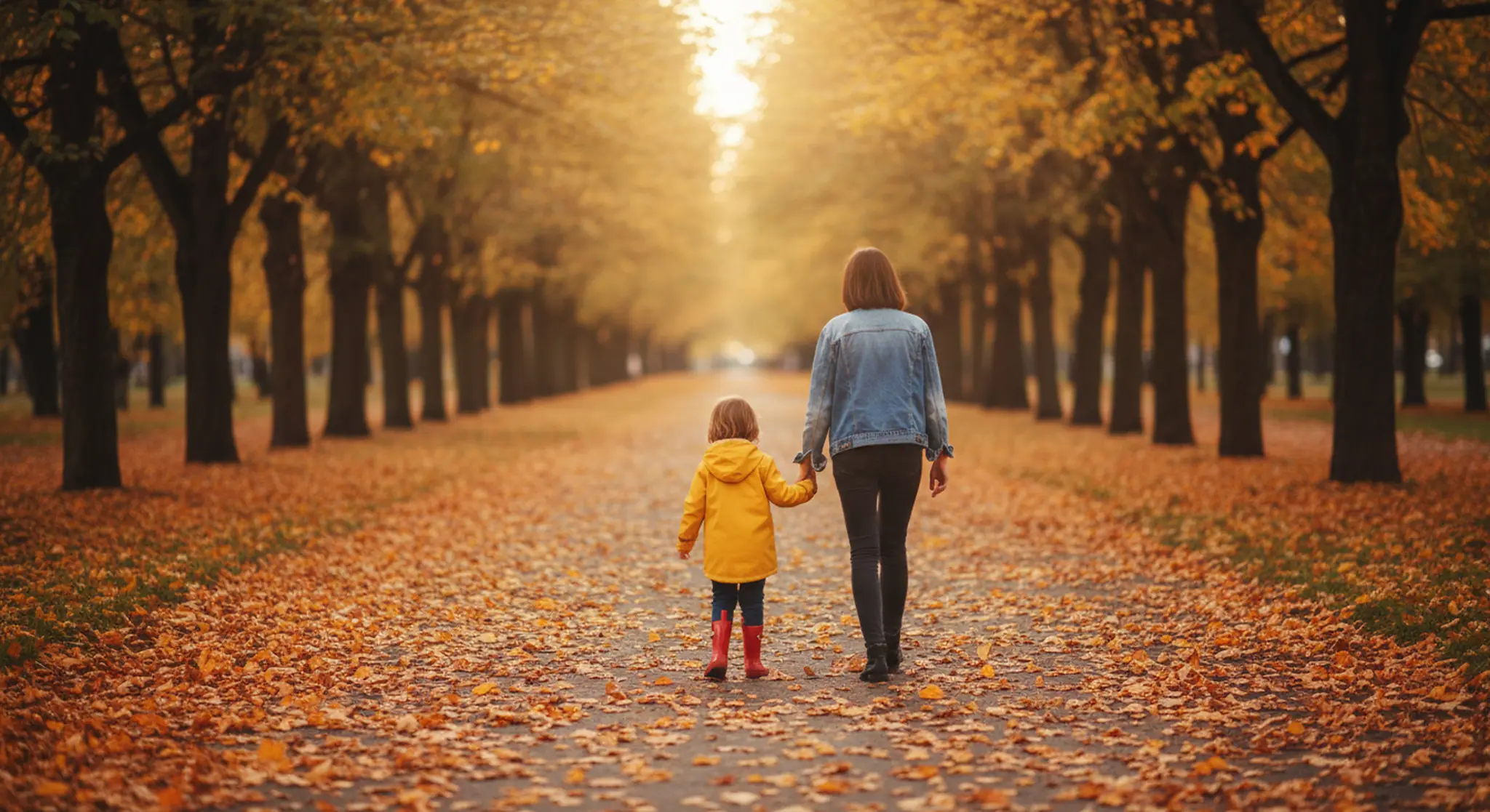 A young woman and a small child in a yellow raincoat and red boots walking hand in hand down a leaf-covered autumn park path, seen from behind
