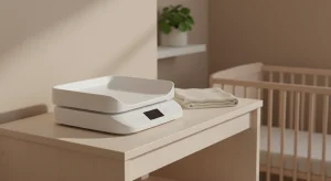White baby scale with a blank display on a wooden changing table beside a folded plain towel