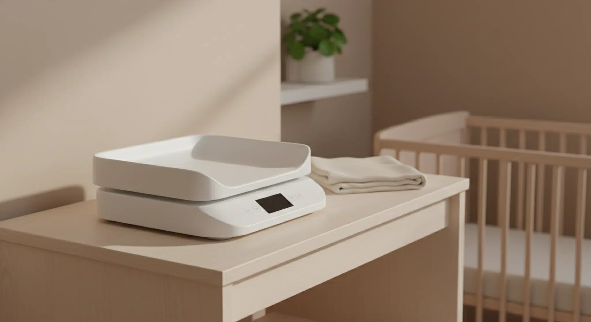 White baby scale with a blank display on a wooden changing table beside a folded plain towel