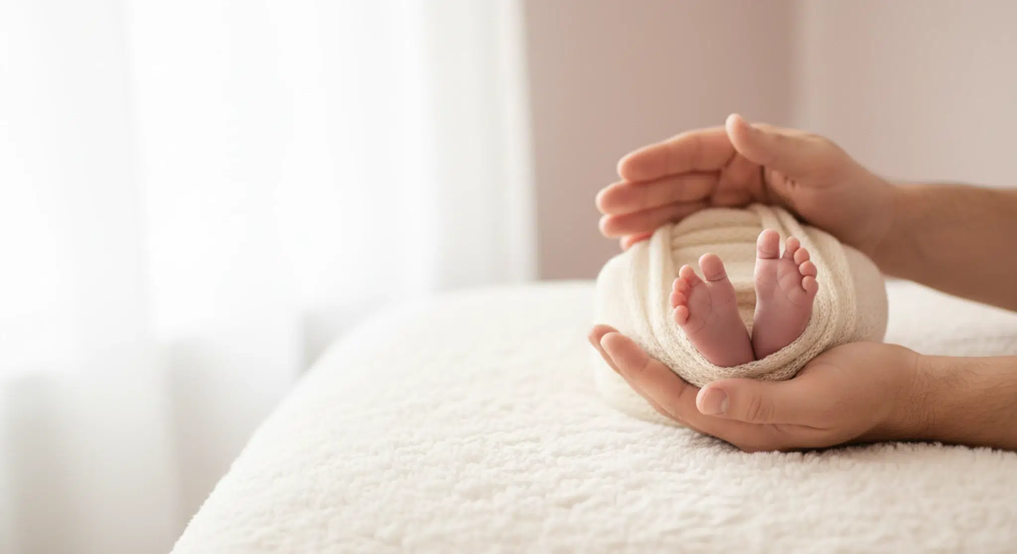 A parent's hands gently cupping a newborn baby's tiny feet on a soft white blanket