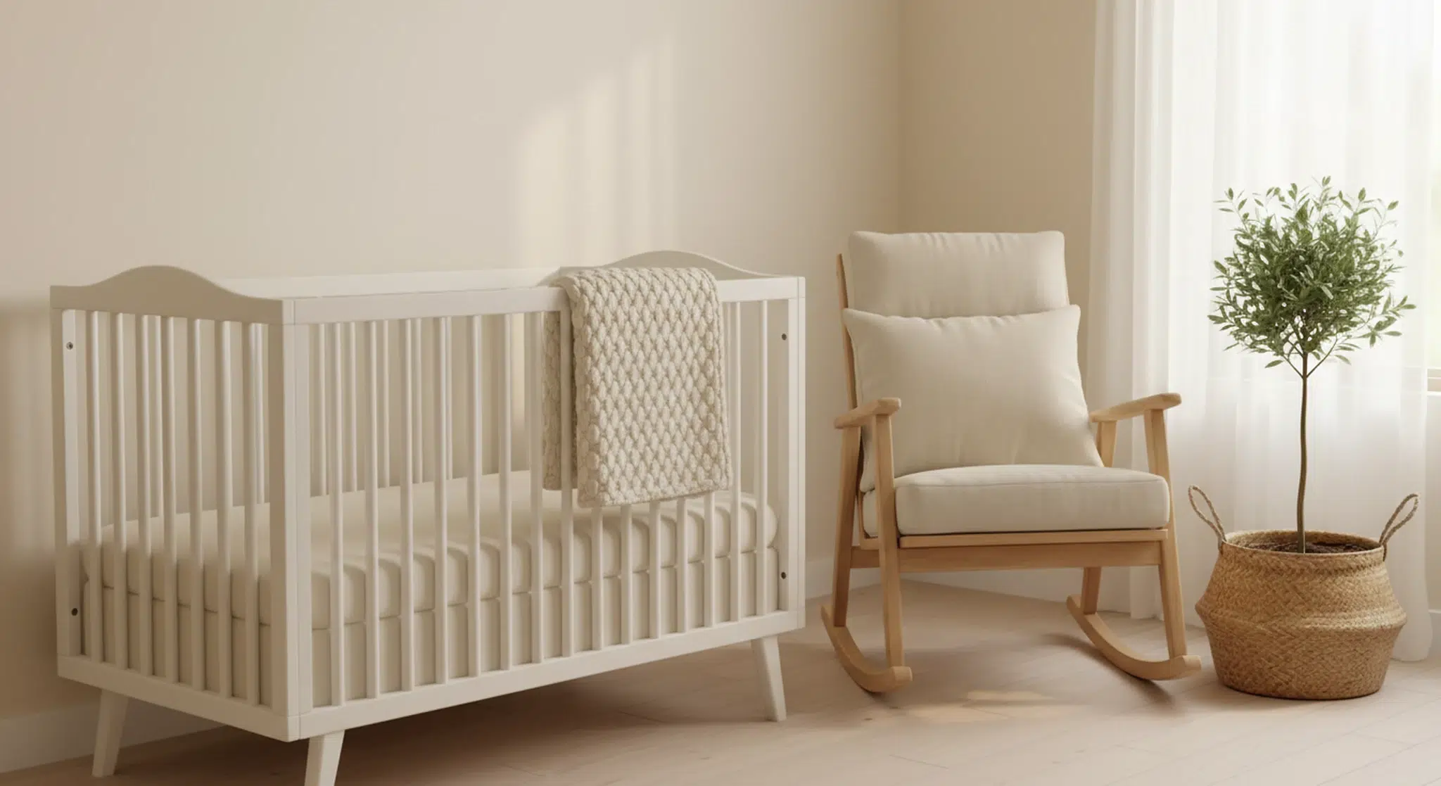 A softly lit nursery corner with a white wooden crib, a knitted blanket folded over the rail, and a rocking chair by a sunny window
