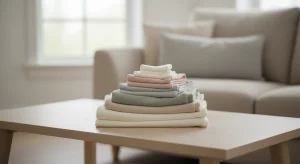 Stack of folded pastel towels in cream, blush, sage, and gray on a wooden table in a bright living room