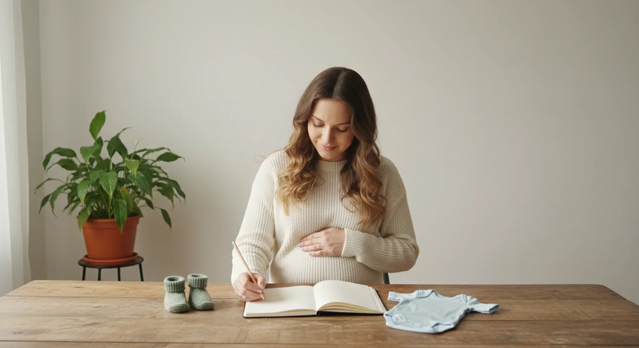 Expectant mother with a hand on her belly writing in a blank notebook beside tiny baby booties and a blue onesie