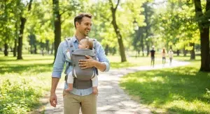 Smiling father walking in a sunny park with his baby upright and snug in a gray front baby carrier