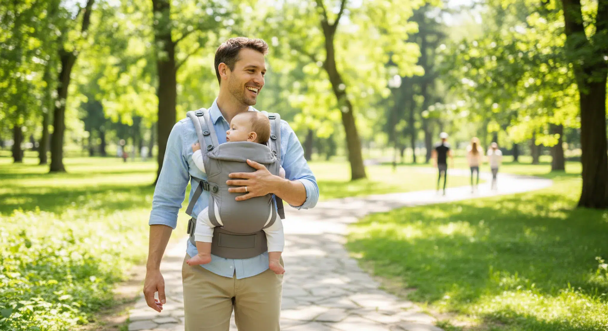 Baby Carrier Guide Types Safety Rules and How to Choose One | Betteroo Smiling father walking in a sunny park with his baby upright and snug in a gray front baby carrier