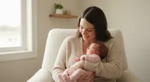 Mother in an armchair by a window cradling an awake newborn baby girl in a plain pink sleeper