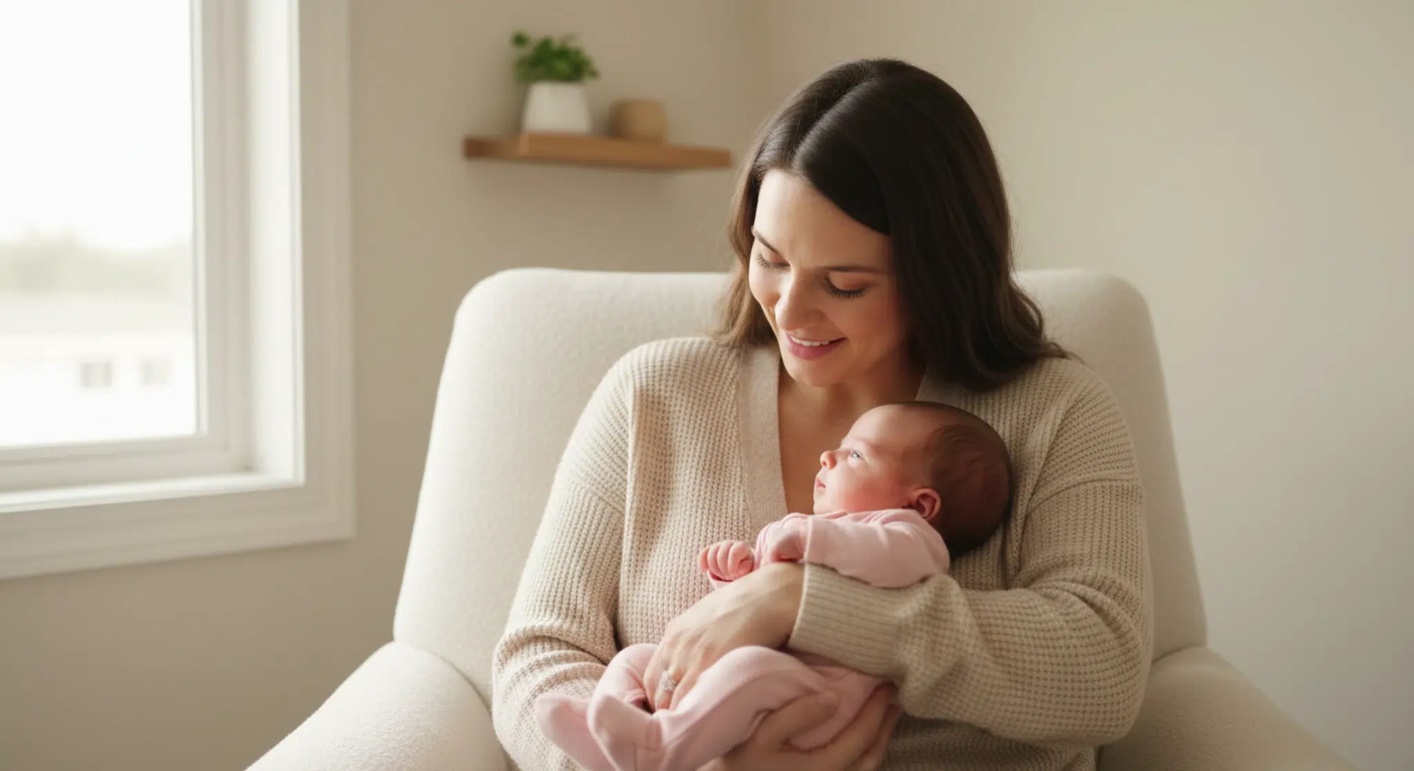 Mother in an armchair by a window cradling an awake newborn baby girl in a plain pink sleeper