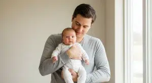Parent standing near a bright window holding an awake newborn in a plain white sleeper