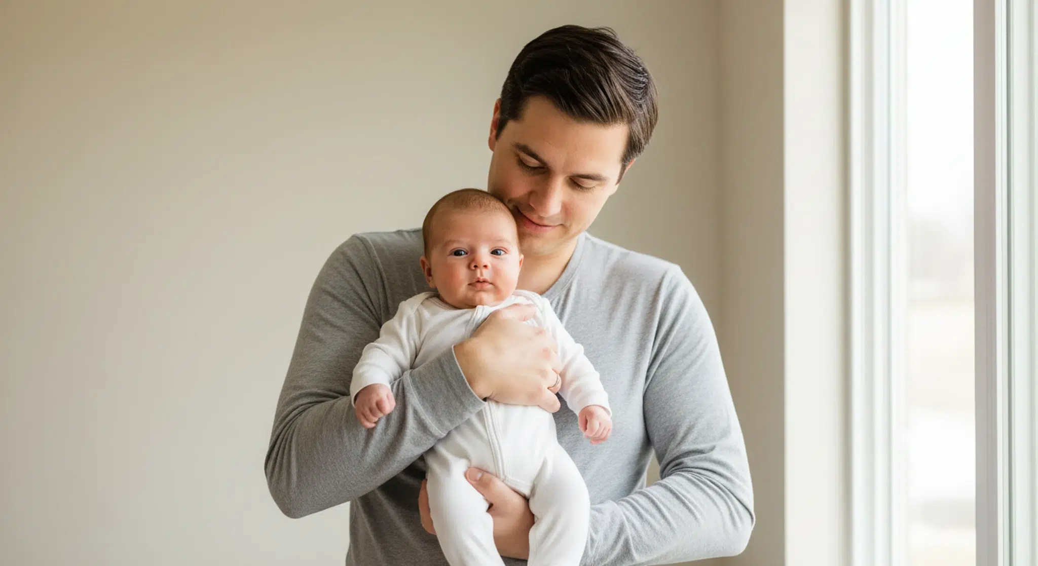 Parent standing near a bright window holding an awake newborn in a plain white sleeper