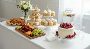 Baby shower food table with cupcakes on a stand, finger sandwiches, fresh fruit and a drink dispenser of fruit-infused water