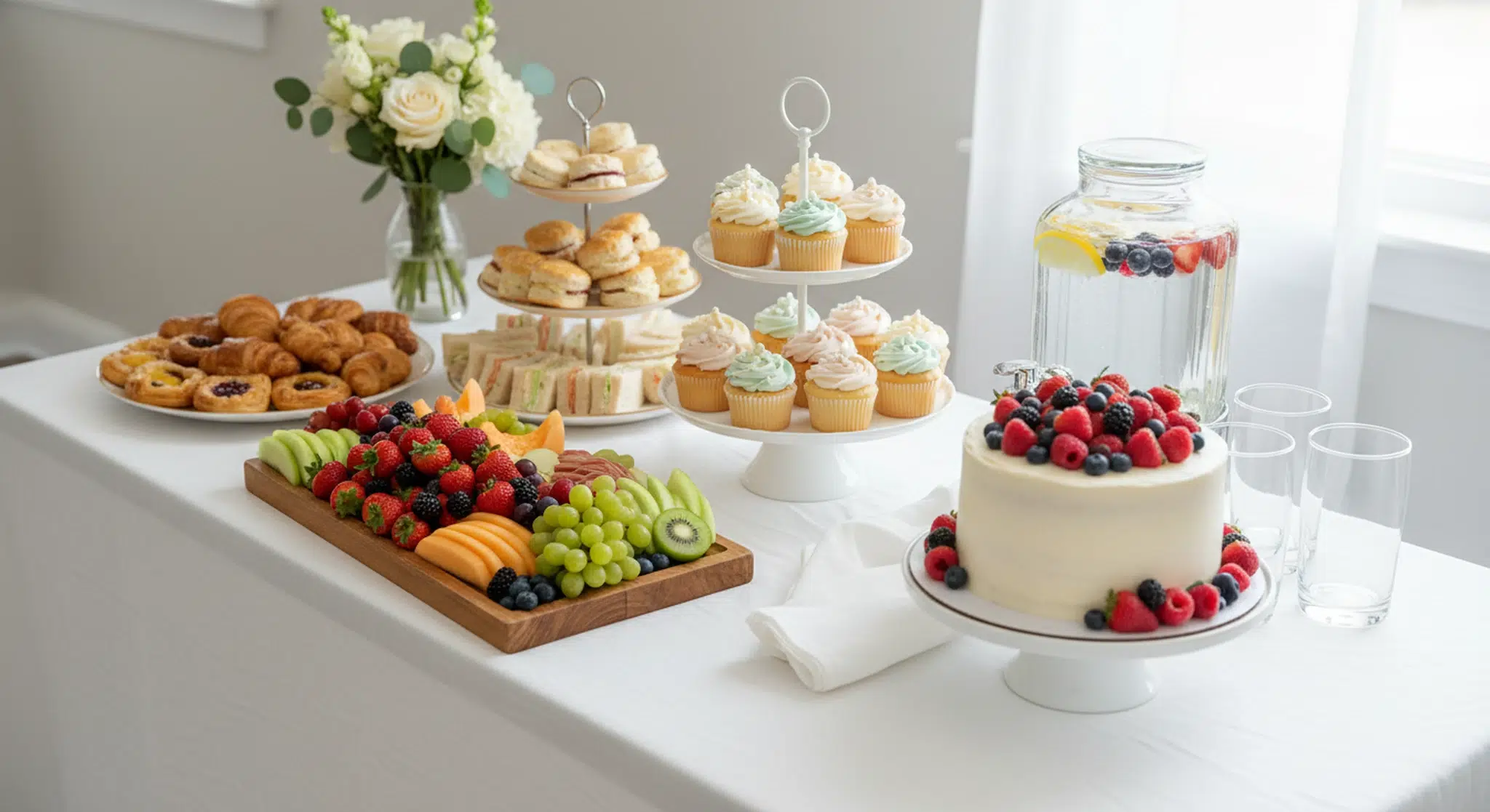 Baby shower food table with cupcakes on a stand, finger sandwiches, fresh fruit and a drink dispenser of fruit-infused water