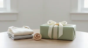 Mint green gift box with cream ribbon on a table, next to folded clothes.