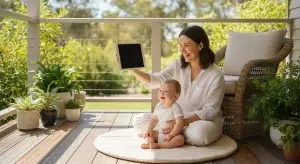 Baby Sleep Consultant Cost in Australia 2026 Prices and Free Options | Betteroo Mother on a sunny veranda holding a tablet for a video call while her baby sits on a play mat beside her