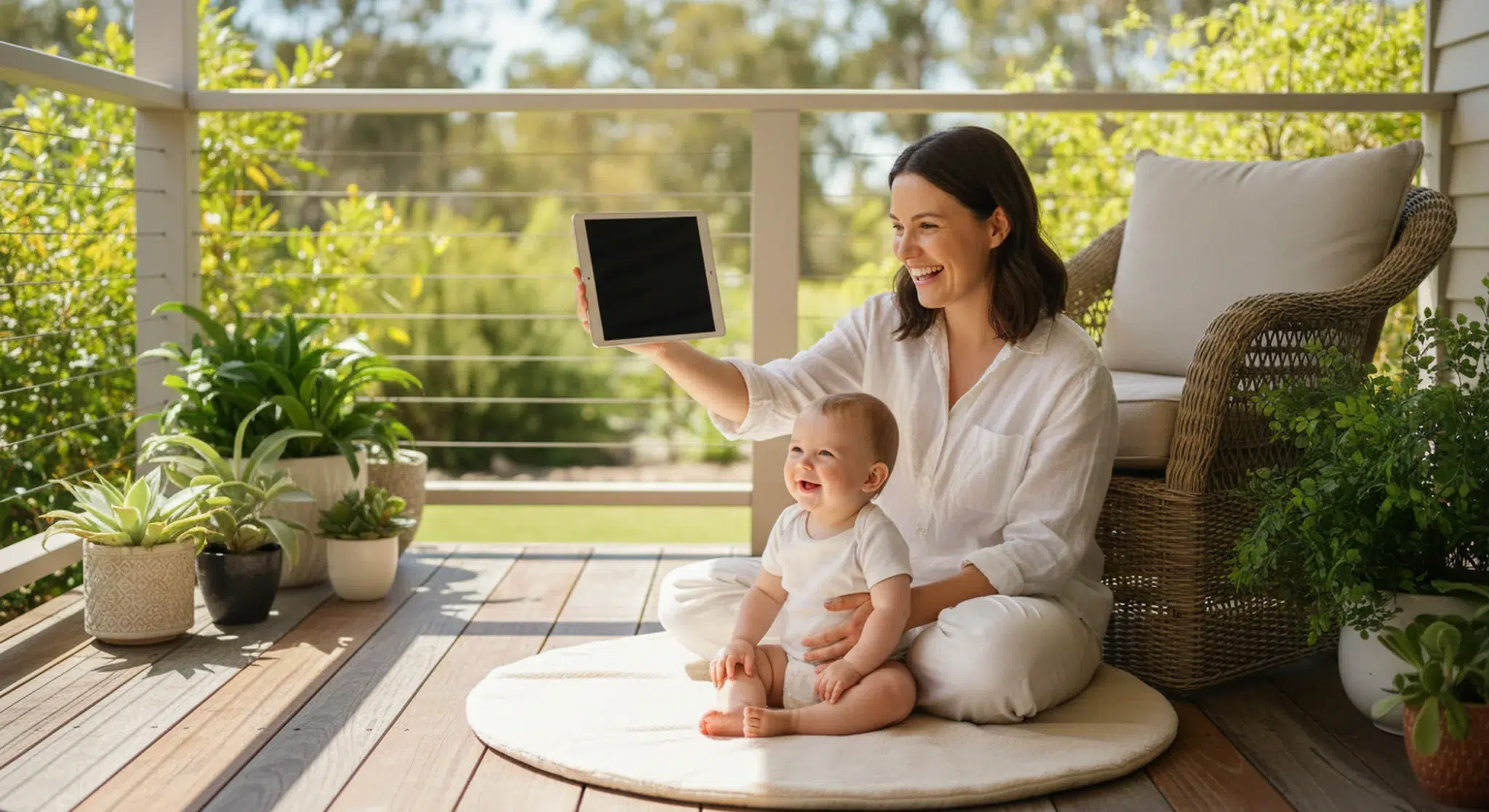 Mother on a sunny veranda holding a tablet for a video call while her baby sits on a play mat beside her