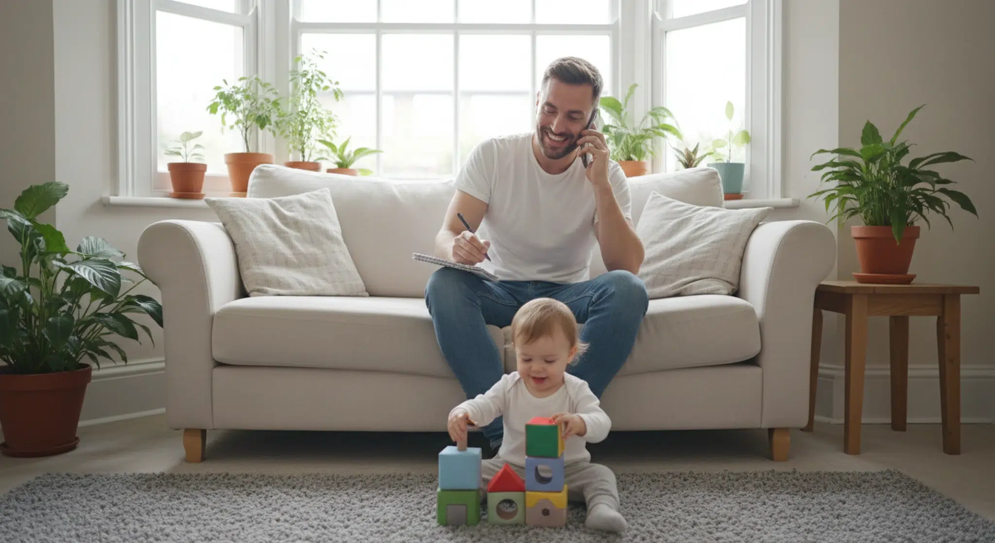 A dad on a phone call with a notebook in a cosy living room while his toddler stacks soft blocks on a rug.