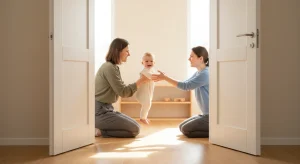 Parents kneeling in a doorway, gently holding a smiling baby between them in a sunlit room.