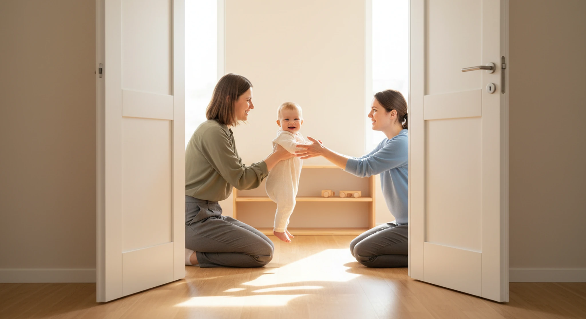 Parents kneeling in a doorway, gently holding a smiling baby between them in a sunlit room.
