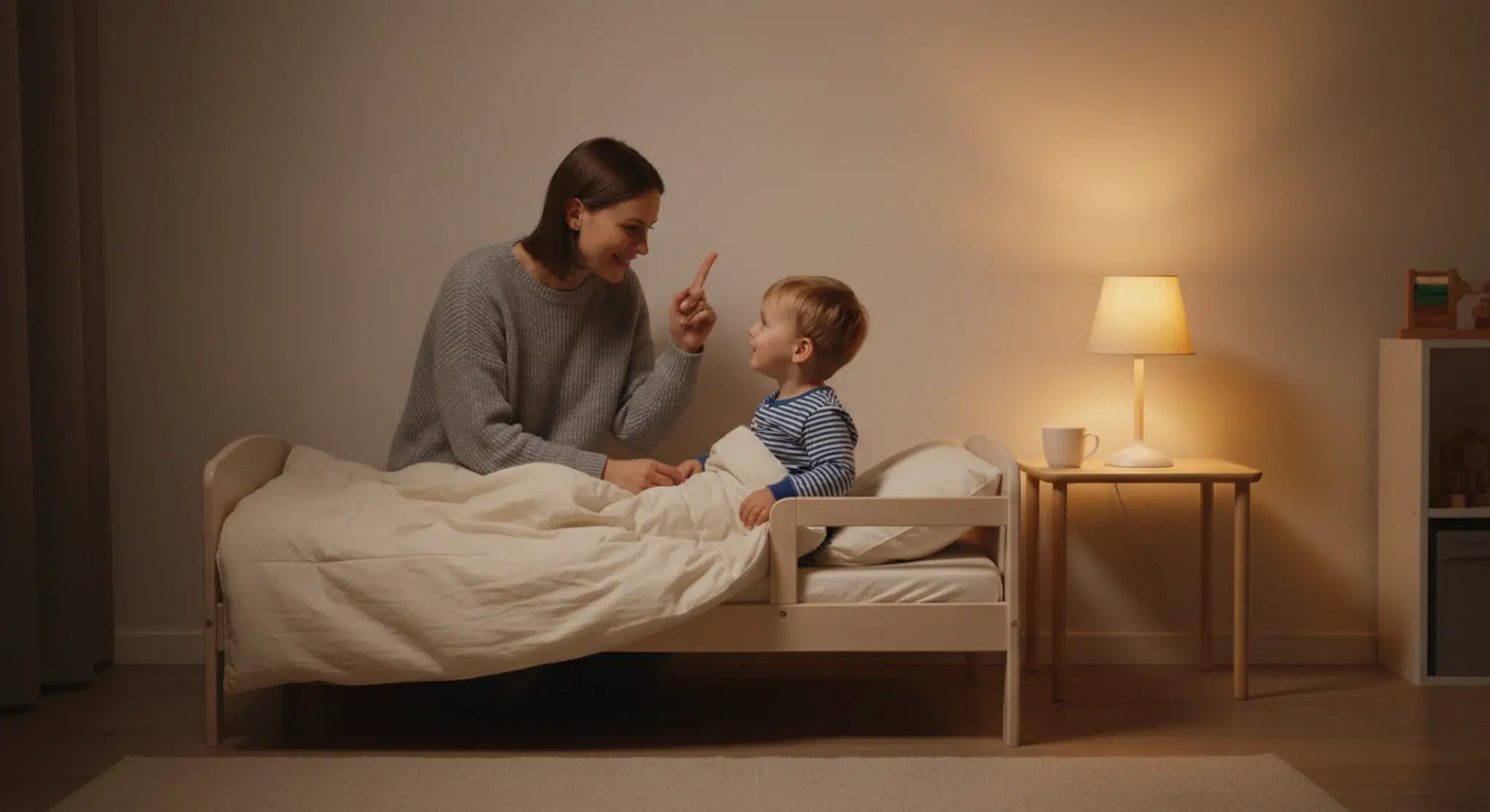 Bedtime Stalling How to Handle a Toddlers Million Requests at Bedtime | Betteroo A mother sitting on the edge of a toddler bed holding up one finger and smiling at her 3 year old in pajamas, with a cup of water on the nightstand