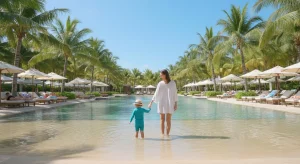Woman in a white dress walking with a child in a turquoise swimsuit along the shallow pool at a tropical resort with palm trees and lounge chairs nearby.