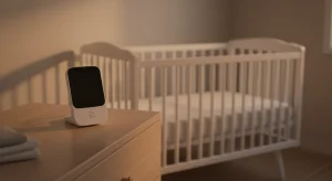 A white video baby monitor parent unit on a wooden dresser in a softly lit nursery with an empty crib in the background