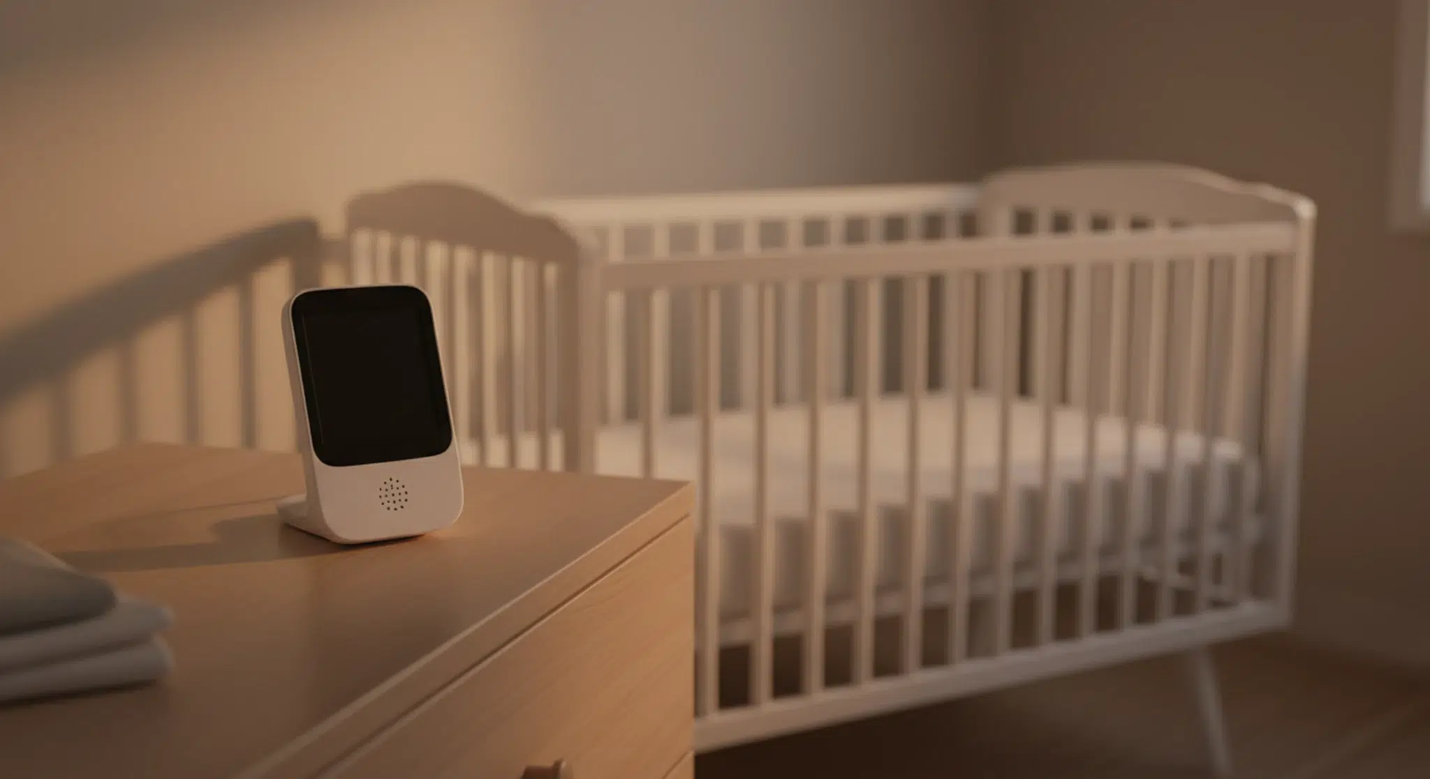 A white video baby monitor parent unit on a wooden dresser in a softly lit nursery with an empty crib in the background