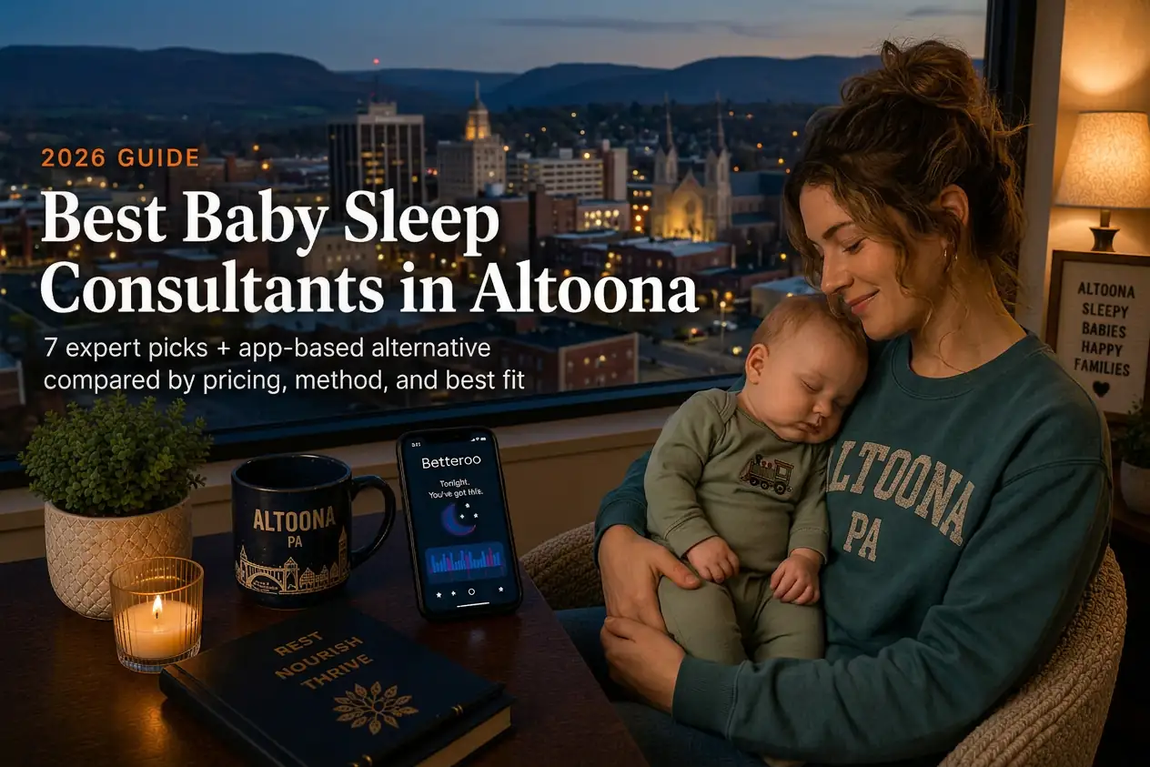 Mother holding a sleeping baby by a window overlooking downtown Altoona at dusk, baby sleep consultants in Altoona