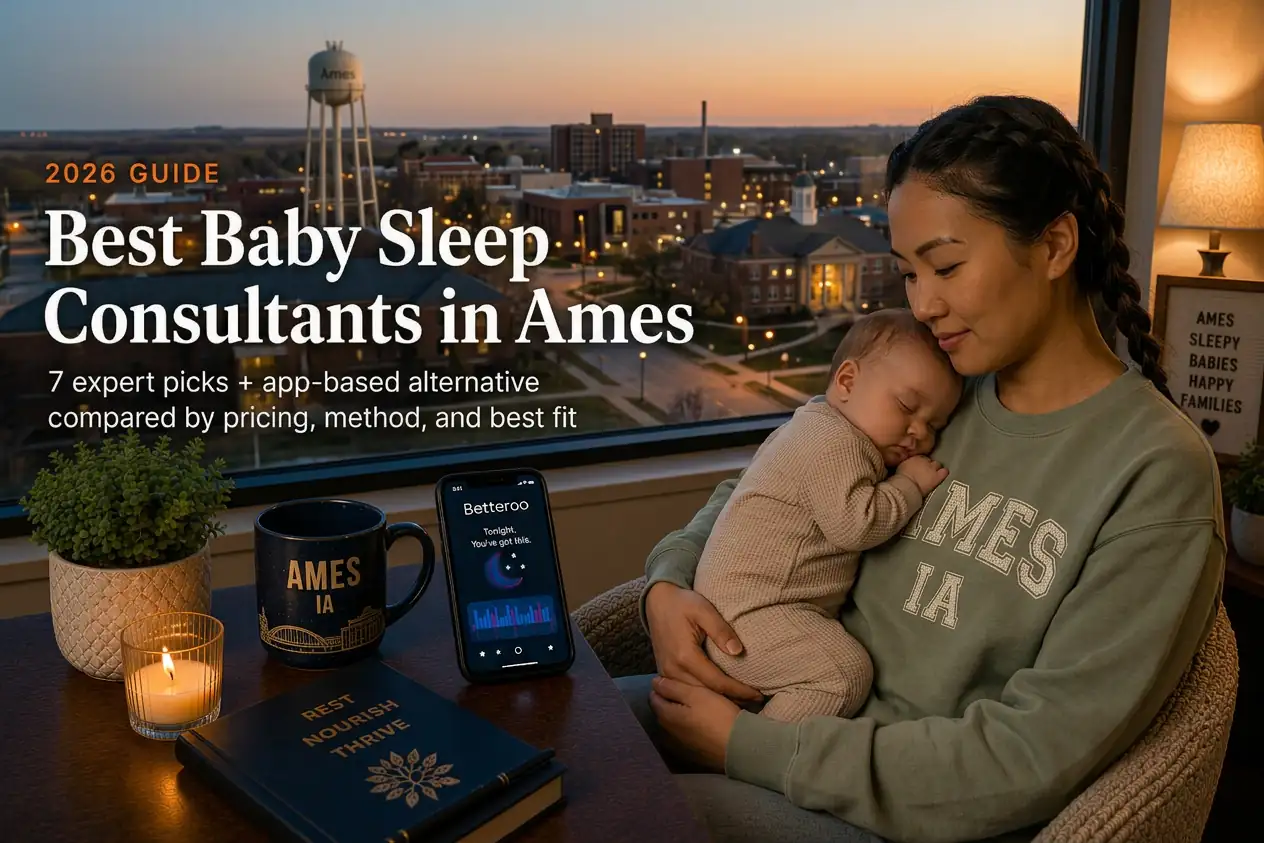 Mother rocking a sleeping baby near the Iowa State campanile at dusk, baby sleep consultants in Ames
