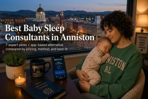 Mother holding a sleeping baby by a window overlooking downtown Anniston at dusk, baby sleep consultants in Anniston