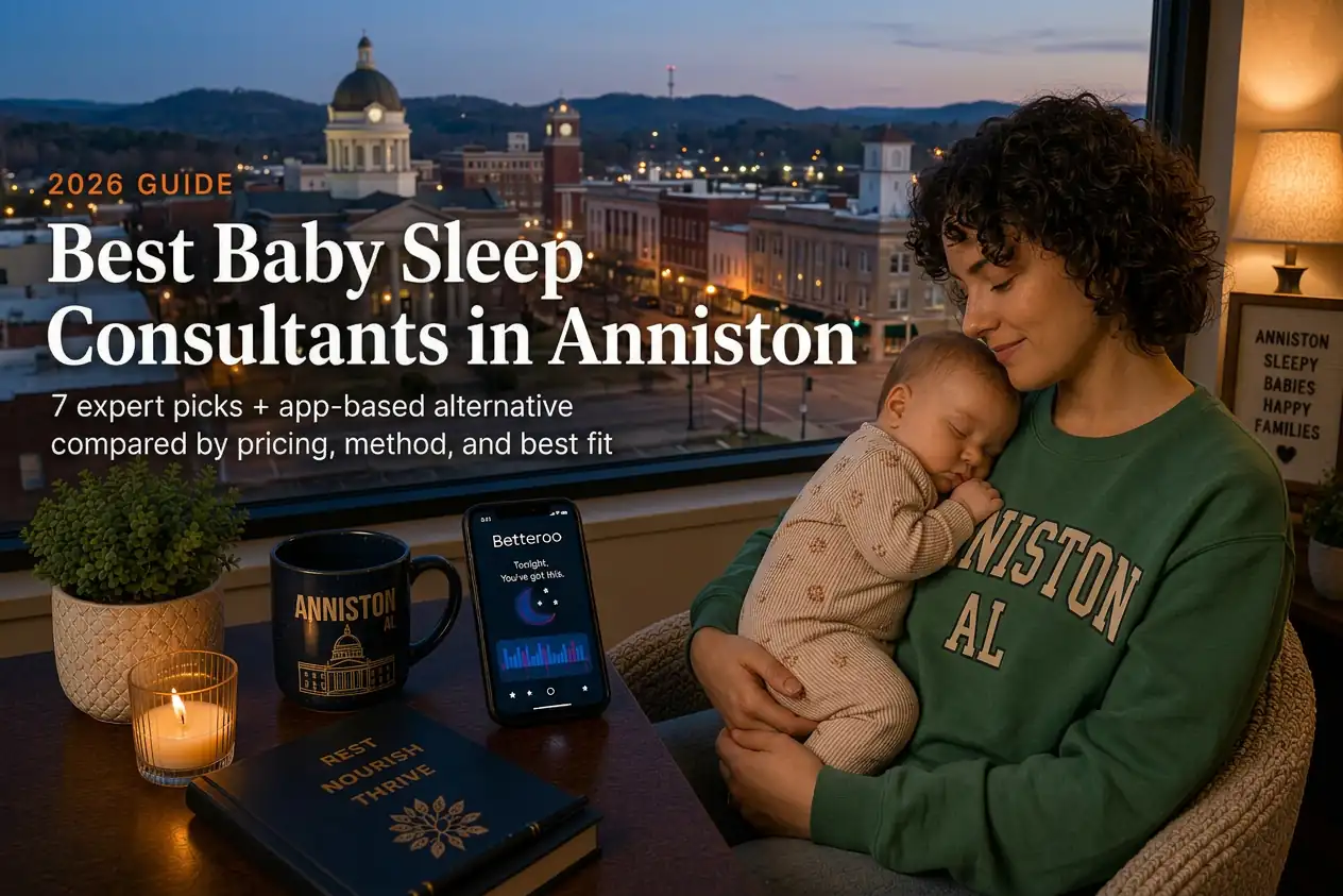 Mother holding a sleeping baby by a window overlooking downtown Anniston at dusk, baby sleep consultants in Anniston