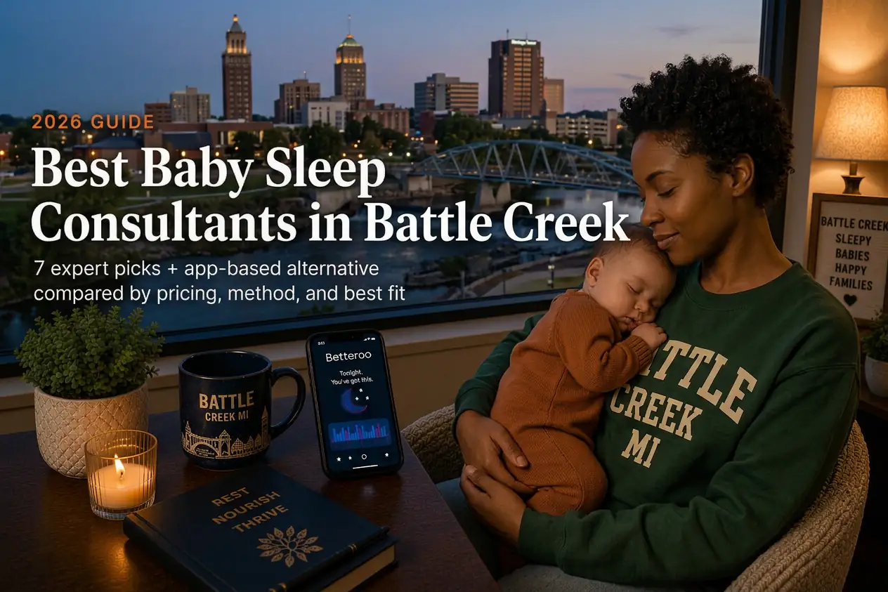 Mother rocking a sleeping baby beside Goguac Lake at dusk, guide to baby sleep consultants in Battle Creek