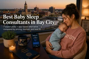 Mother holding sleeping baby by window over the Saginaw River at dusk, baby sleep consultants in Bay City