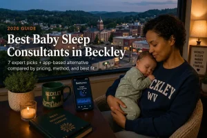 Mother holding sleeping baby by window over downtown Beckley and wooded hills, baby sleep consultants in Beckley