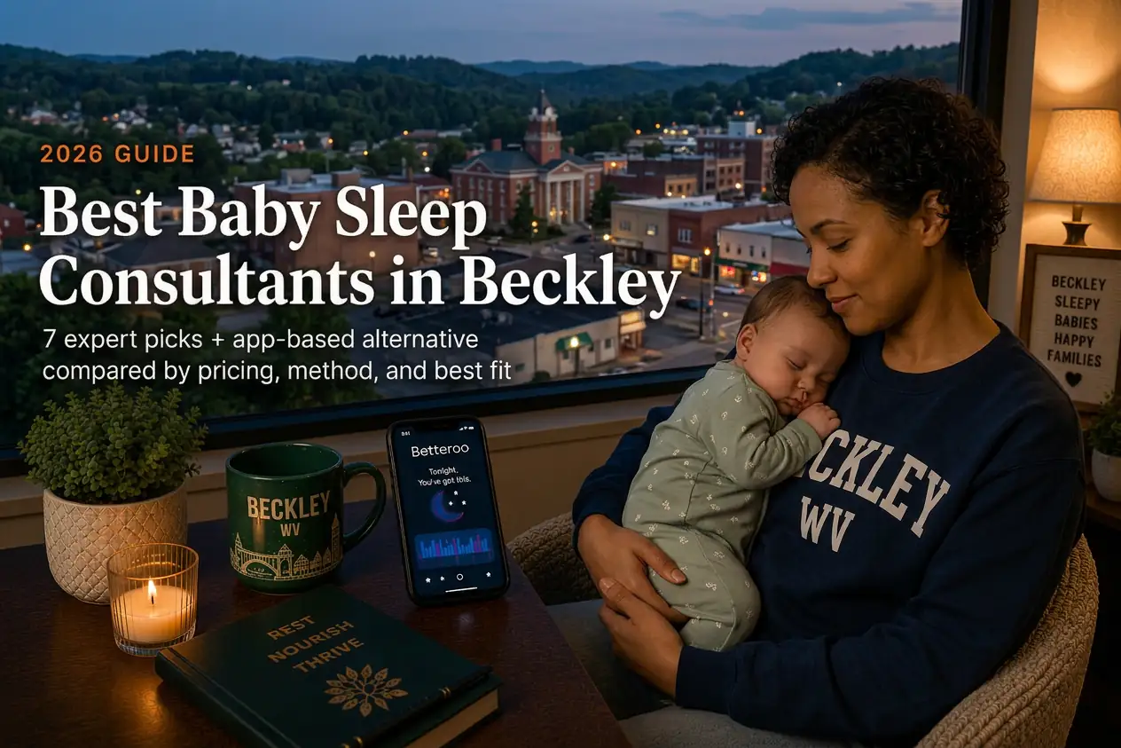 Mother holding sleeping baby by window over downtown Beckley and wooded hills, baby sleep consultants in Beckley