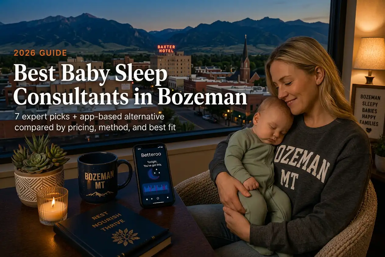 Mother holding a sleeping baby above downtown Bozeman and the Bridger Mountains, baby sleep consultants in Bozeman