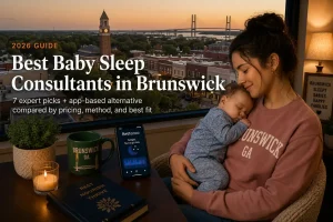 Mother holding sleeping baby by a window overlooking the Sidney Lanier Bridge, baby sleep consultants in Brunswick