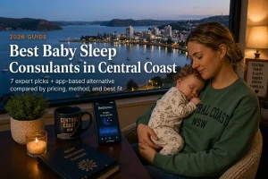 Top 6 Best Baby Sleep Consultants in Central Coast Australia 2026 | Betteroo Mother rocking a sleeping baby above the Brisbane Water waterfront at dusk, baby sleep consultants in Central Coast